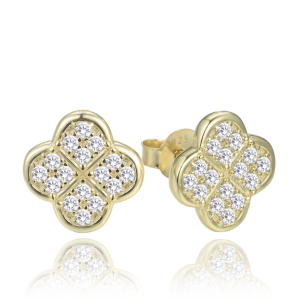MINET JMAS7058UE01 Pozlátené strieborné náušnice štvorlístky s bielymi zirkónmi