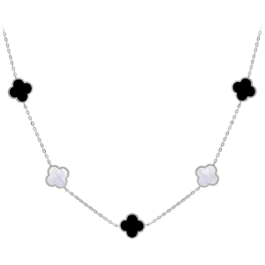 MINET Stříbrný náhrdelník čtyřlístky s bílou perletí a onyxem Ag 925/1000 12,25g JMAS7043CN60