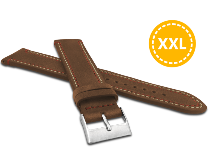 LAVVU LSDXE22 predĺžený dvojito prešívaný hnedý remienok SPORT z luxusnej kože Top Grain - 22 mm XXL