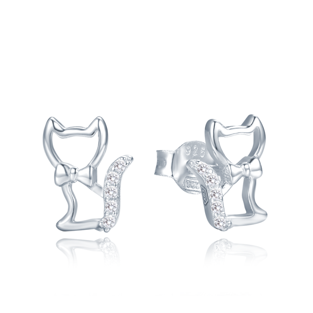 MINET Stříbrné náušnice kočky s bílými zirkony JMAN0585SE00