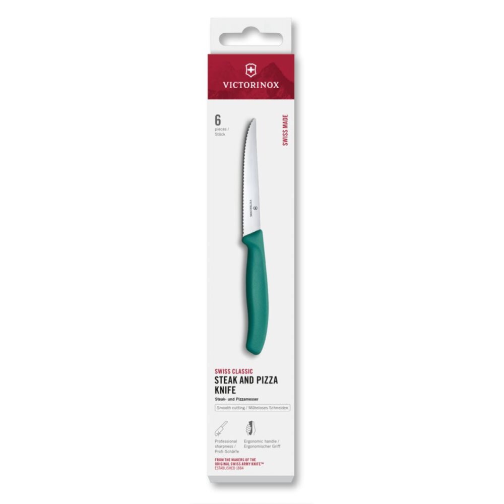 Levně Nůž Victorinox 6.7234.6C1 Swiss Classic, steakový & pizzový nůž, 6 kusů, 11 cm, vlnkové ostří, zelený, v krabičce