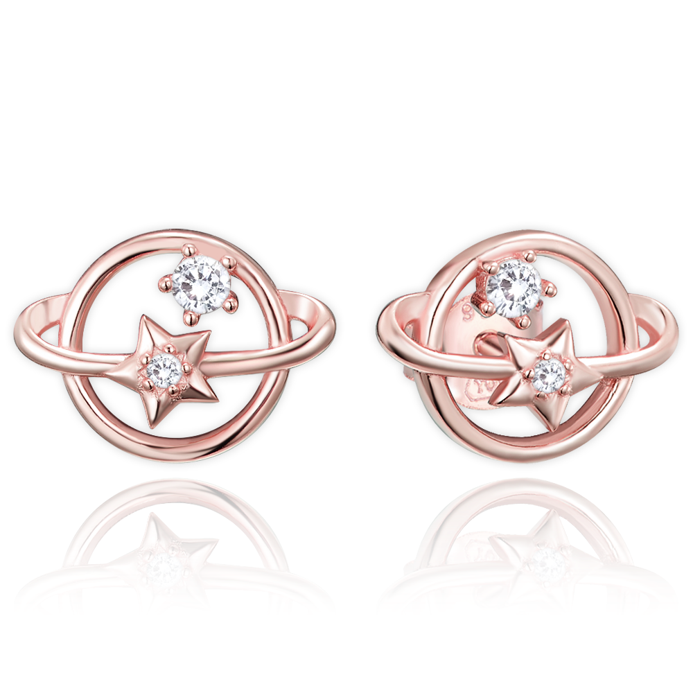 Levně MINET Rose gold stříbrné náušnice Saturn s bílými zirkony JMAN0626RE00