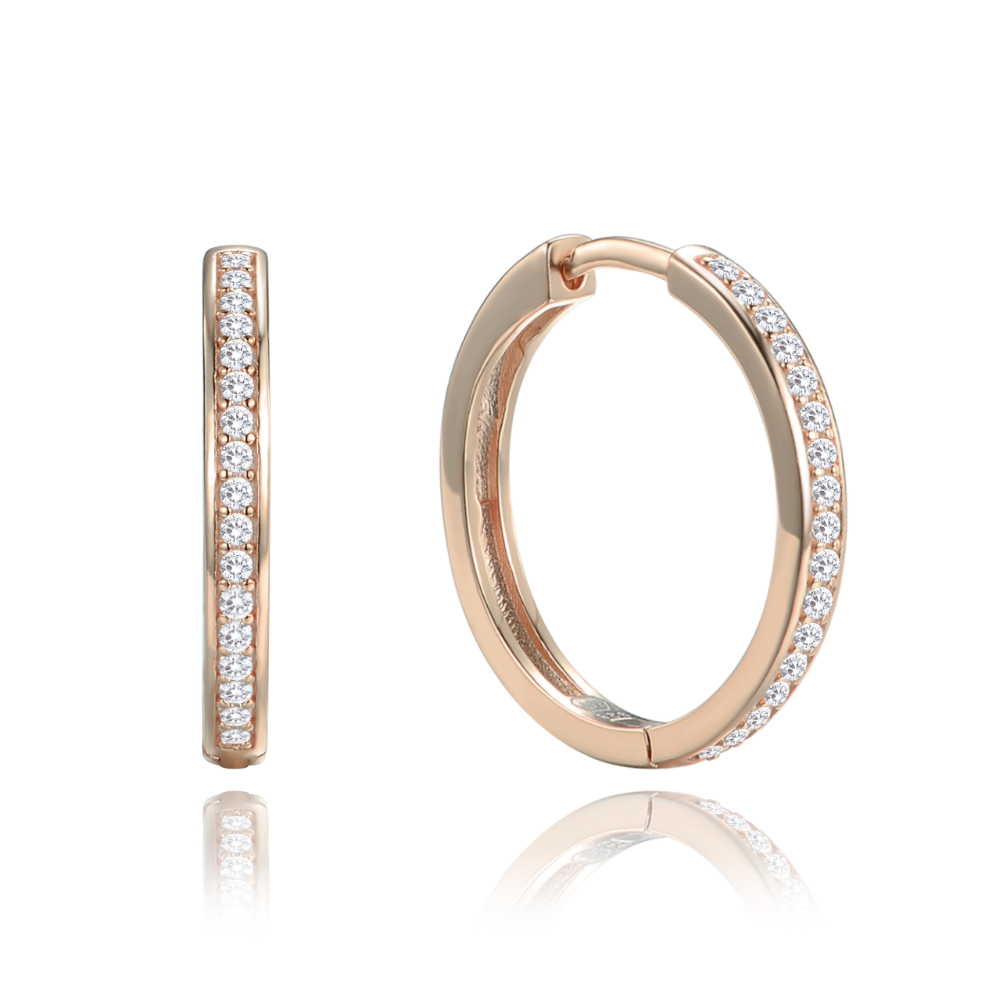 MINET Rose gold stříbrné náušnice hranaté kruhy 2 cm s bílými zirkony JMAN0633RE02